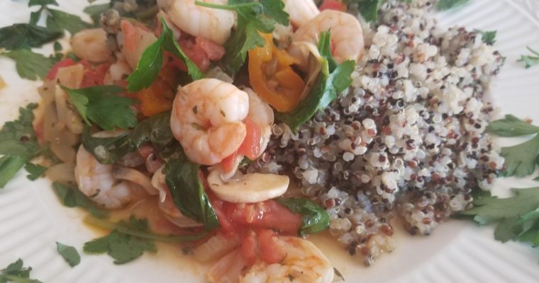 Lemon Fennel Mussels and Shrimp over Spring Greens